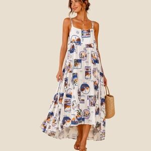 Paper Heart Maxi Dress XL White Linen Tropical Postcard Tiered Pocket Resortwear